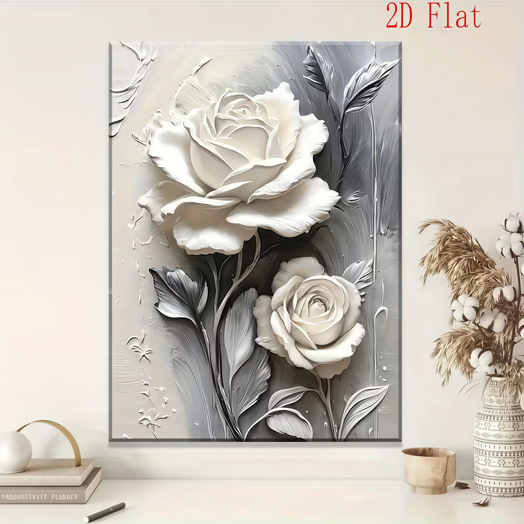 Elegant White Rose Canvas Art Vertical Floral Wall Decor