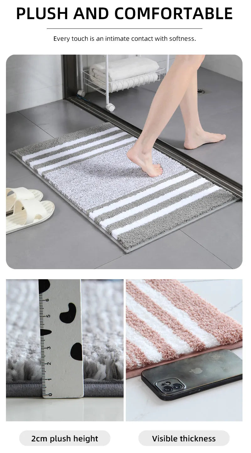 Striped microfiber bathroom carpet set 2-piece,waterproof,non-slip and quick drying,machine washable,TPR backing, medium velvet