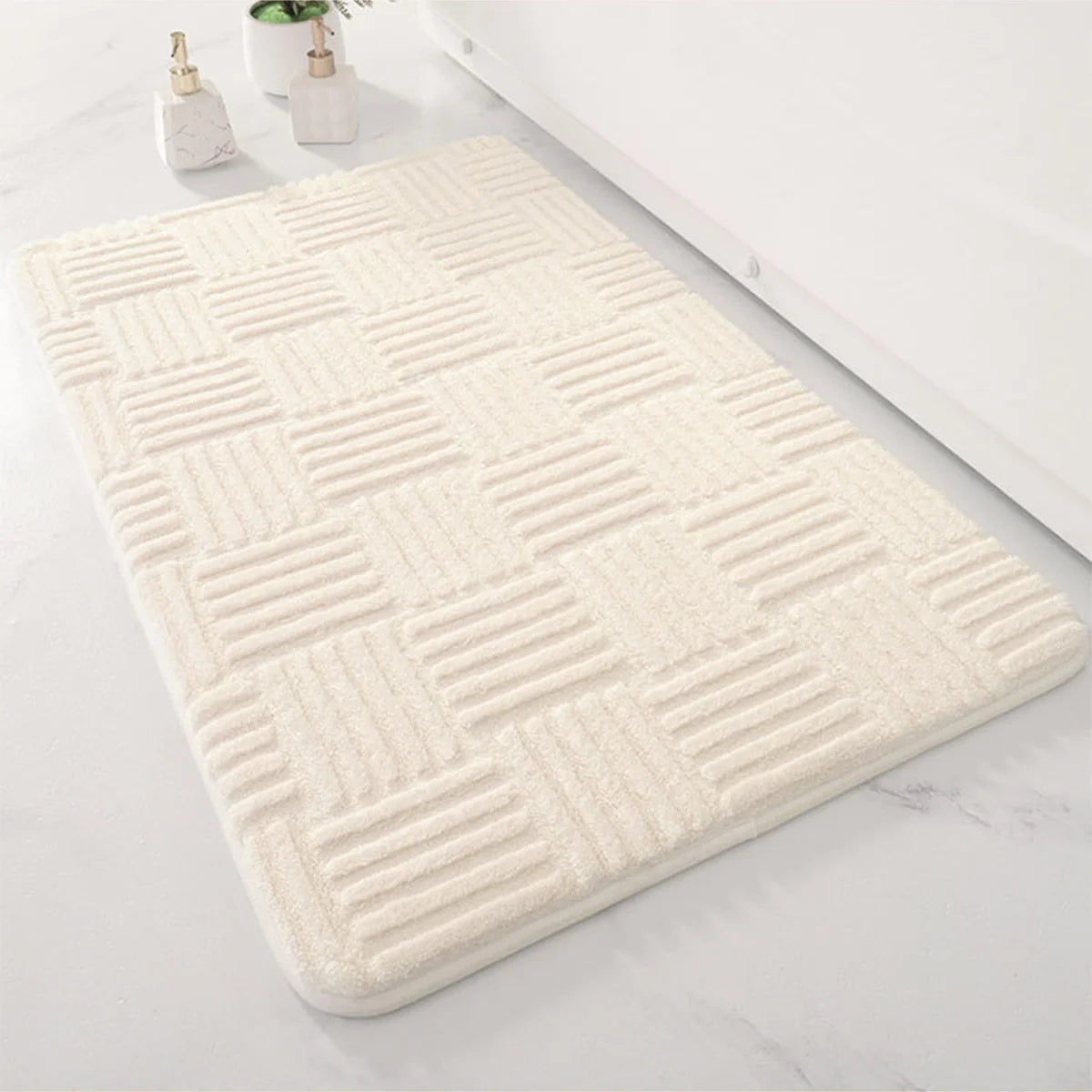 Thickened Striped Bathroom Floor Mat Non-Slip Absorbent Cotton Velvet Rug Solid Color
