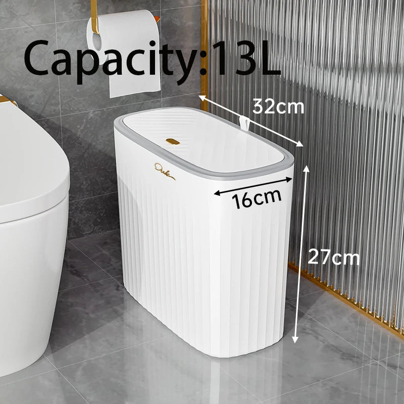Narrow Press Ring Trash Can with Lid – Bathroom Gap Garbage Bin for Sorting