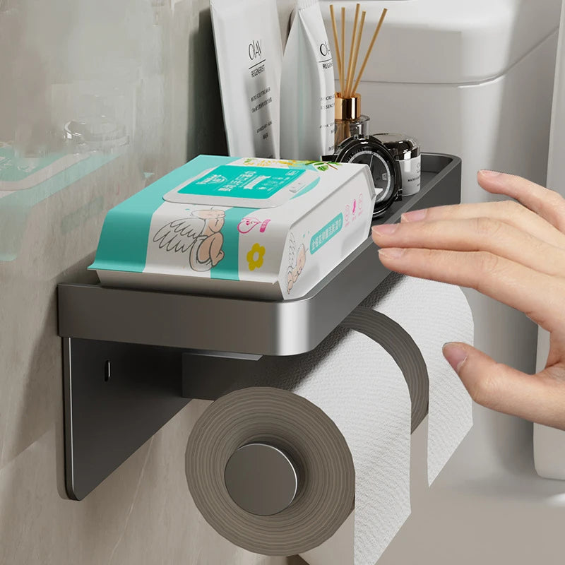 Wall-Mounted Toilet Paper Holder with Mobile Phone Shelf Bathroom & Kitchen Roll Rack