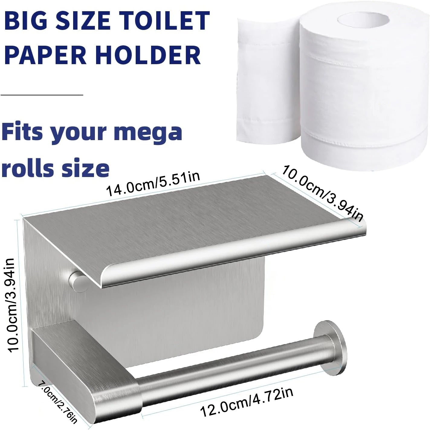 Self-Adhesive Stainless Steel Toilet Paper Holder with Phone Shelf Wall-Mount