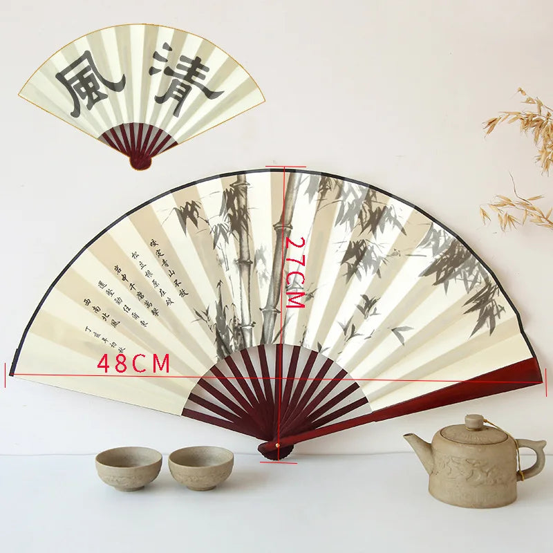 Silk & Bamboo Folding Fan Retro Decorative Handheld Fan 27x48cm