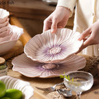 Relief Purple Floral Ceramic Plate – Flower Shaped Durable Tableware