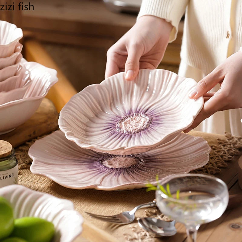 Relief Purple Floral Ceramic Plate – Flower Shaped Durable Tableware