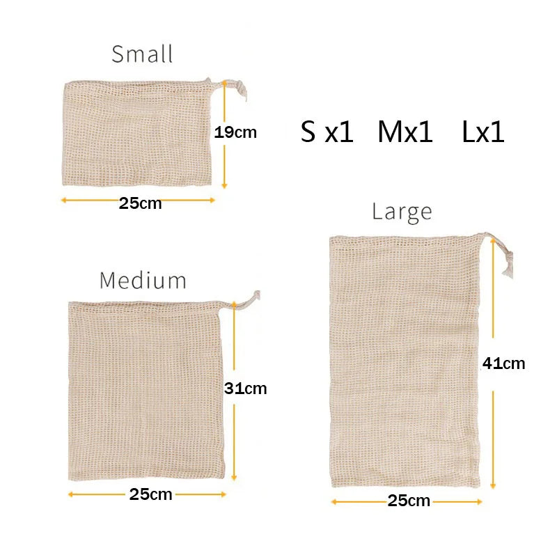 Reusable Cotton Mesh Vegetable Bags – 3 Sizes, Eco-Friendly Produce Storage