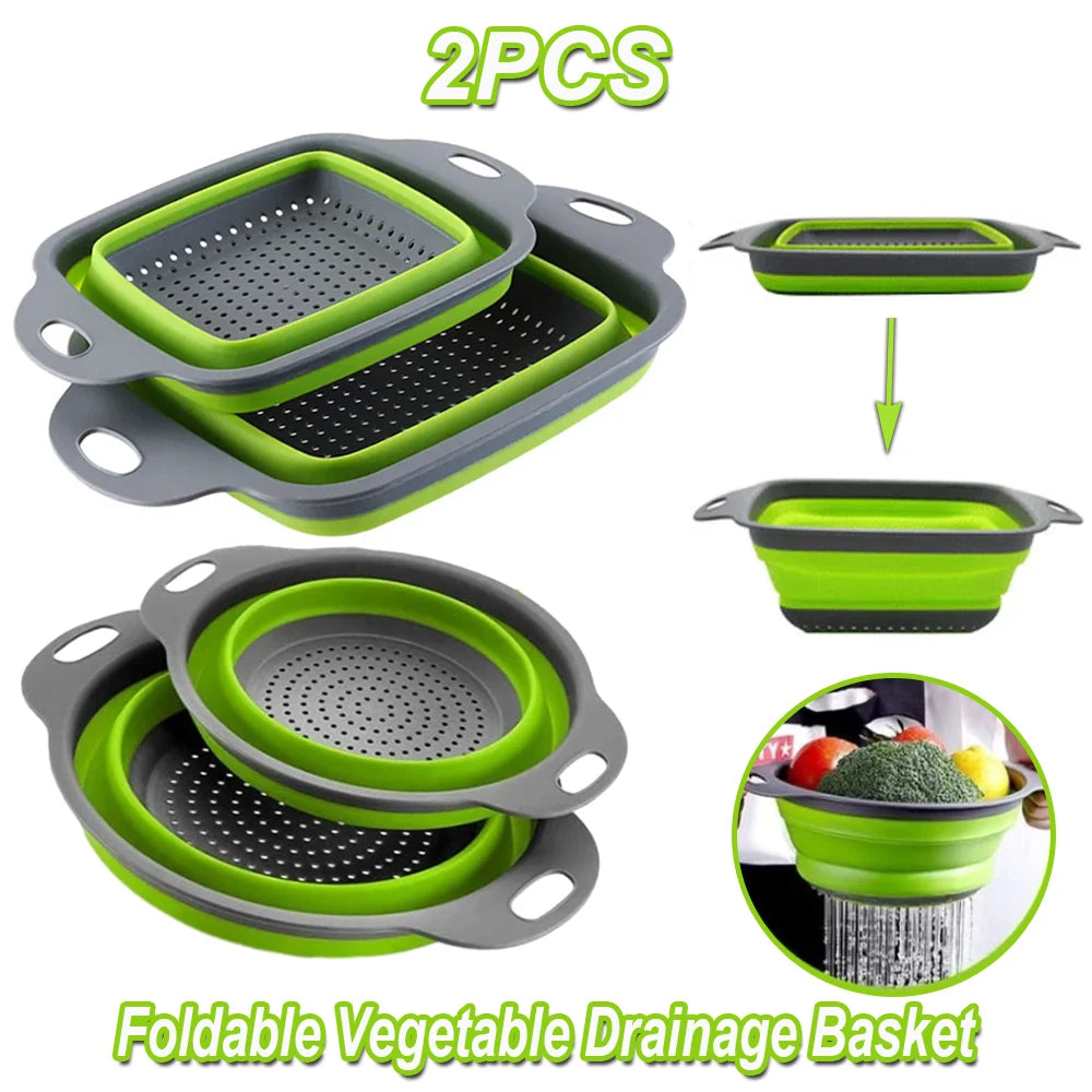 2PCS Silicone Folding Drain Basket – Square & Round Kitchen Strainer