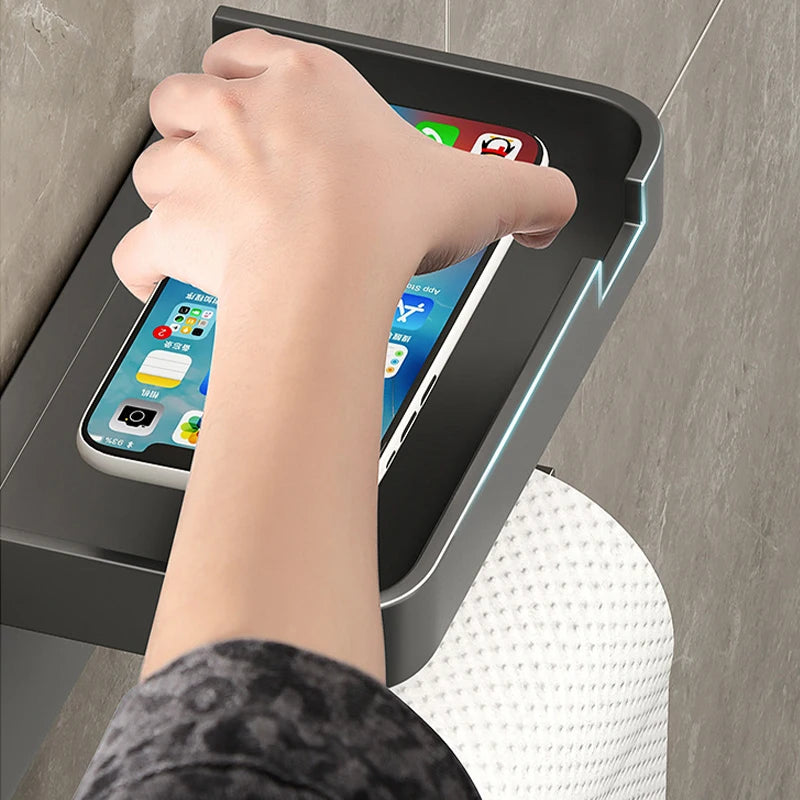 Wall-Mounted No-Drill Toilet Paper Holder with Shelf & Phone Stand, Plastic Bathroom Tissue Dispenser