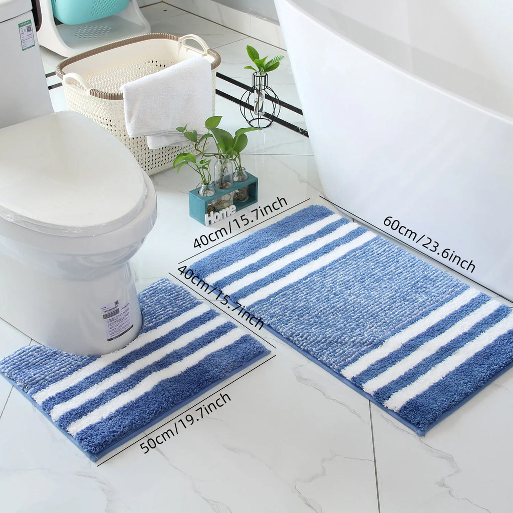 Striped microfiber bathroom carpet set 2-piece,waterproof,non-slip and quick drying,machine washable,TPR backing, medium velvet