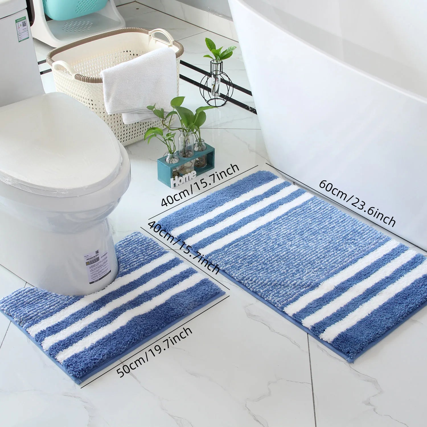 Striped microfiber bathroom carpet set 2-piece,waterproof,non-slip and quick drying,machine washable,TPR backing, medium velvet