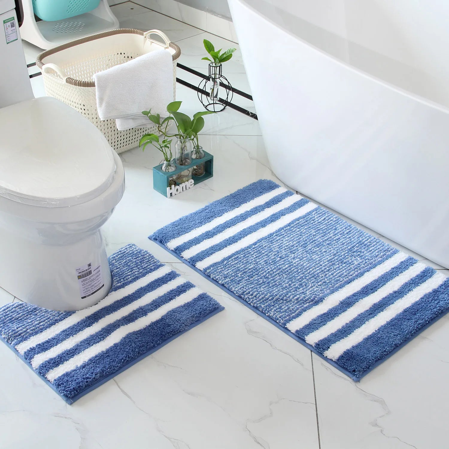 Striped microfiber bathroom carpet set 2-piece,waterproof,non-slip and quick drying,machine washable,TPR backing, medium velvet