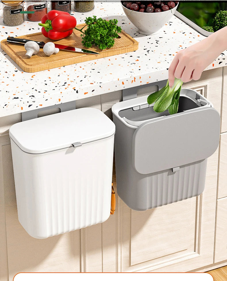 9L Wall-Mounted Trash Can with Lid, Kitchen & Bathroom Hanging Storage Bin, Smart Cabinet Garbage Holder