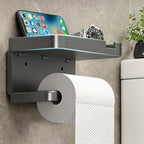 Wall-Mounted No-Drill Toilet Paper Holder with Shelf & Phone Stand, Plastic Bathroom Tissue Dispenser