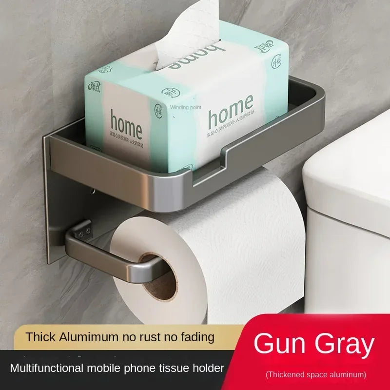 Black Gold Wall-Mounted Toilet Paper Holder with Phone & Towel Shelf Bathroom Rack
