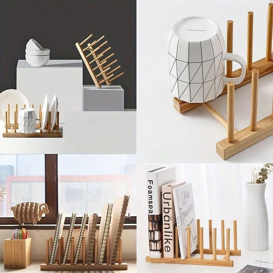 Natural Bamboo Dish & Bowl Storage Rack – Single Tier Floor Organizer