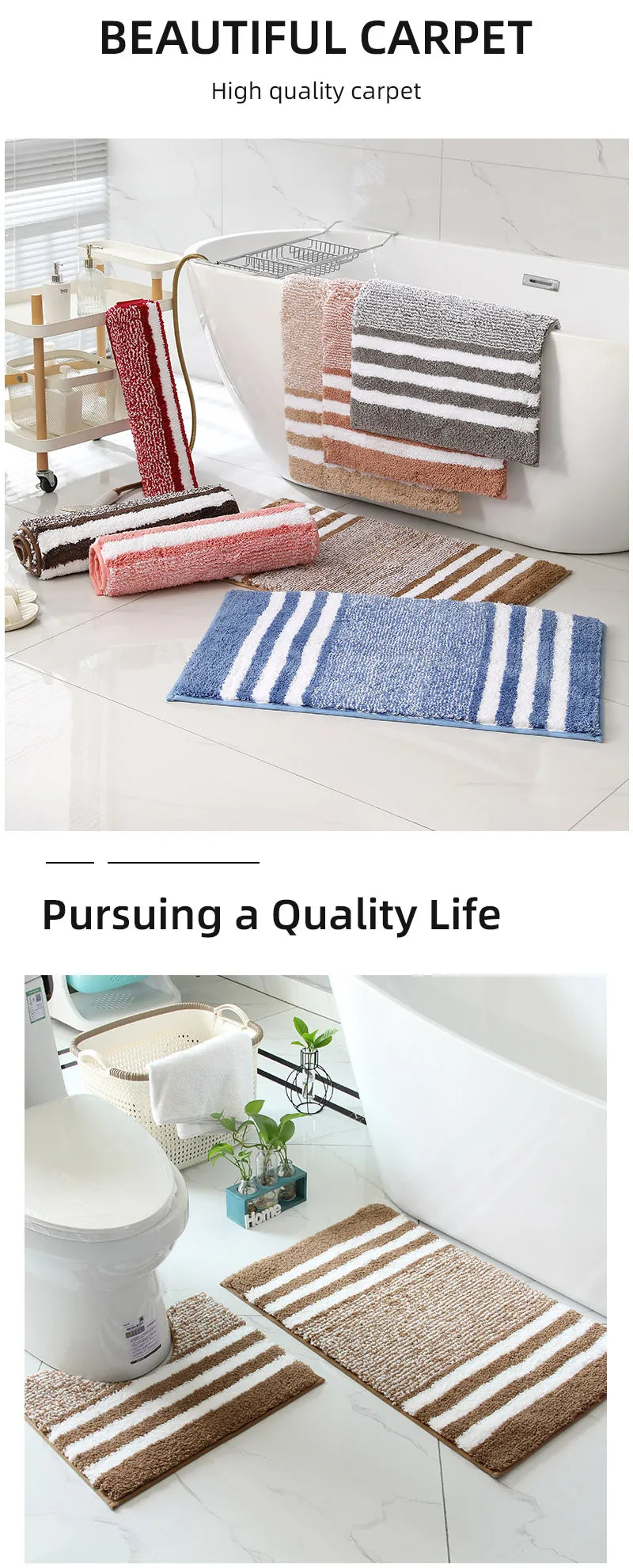 Striped microfiber bathroom carpet set 2-piece,waterproof,non-slip and quick drying,machine washable,TPR backing, medium velvet