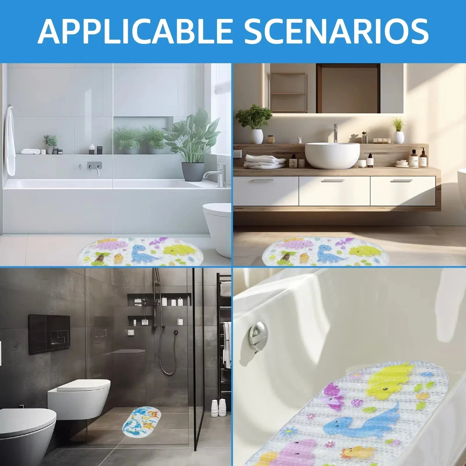 Cartoon Non-Slip PVC Bath Mat with Suction Cups 38x69cm Kid’s Shower Bathtub Rug