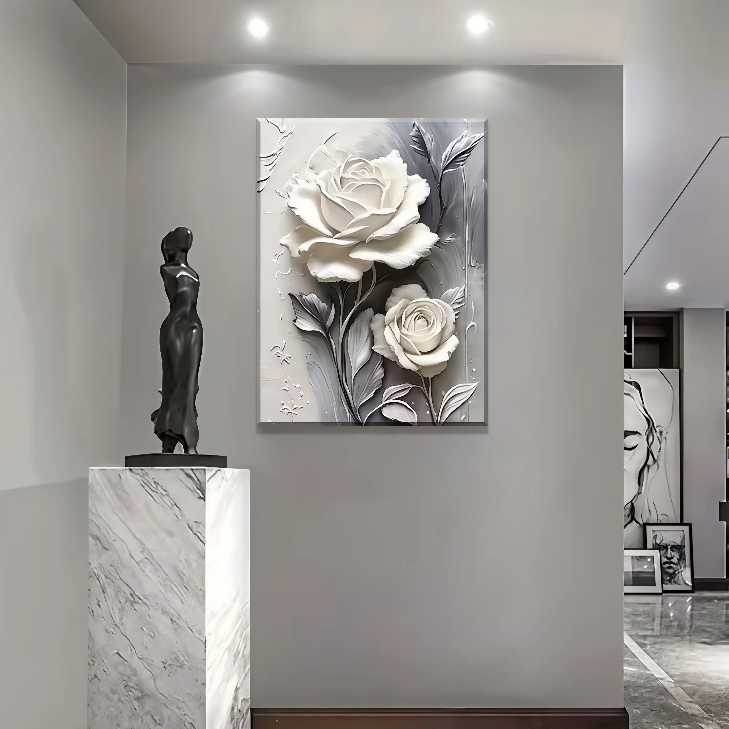 Elegant White Rose Canvas Art Vertical Floral Wall Decor