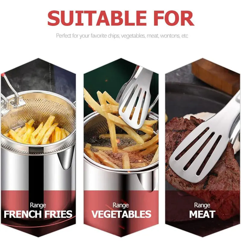 Deep Frying Pot with Strainer Basket & Tongs – Stainless Steel Tempura Frying Pot