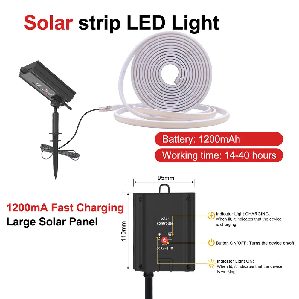 Solar COB LED Strip Light 320 LEDs/m Warm/Natural/Cold White IP67 Waterproof