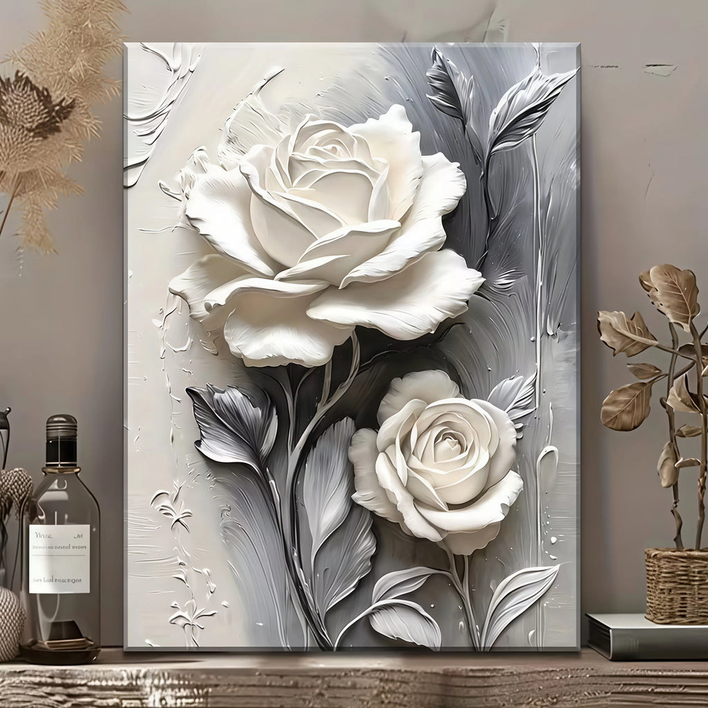 Elegant White Rose Canvas Art Vertical Floral Wall Decor