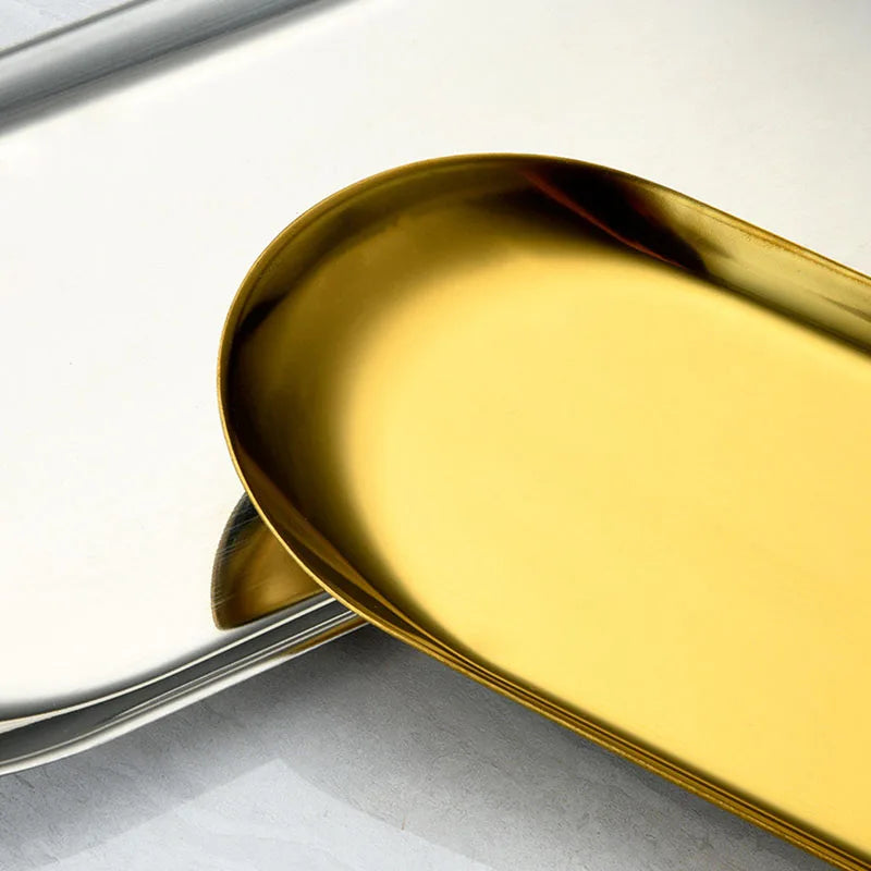 Oval Stainless Steel Dining & Dessert Plate – Gold & Silver Snack Tray