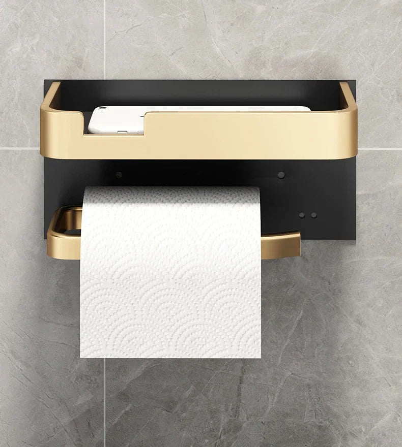 Black Gold Wall-Mounted Toilet Paper Holder with Phone & Towel Shelf Bathroom Rack