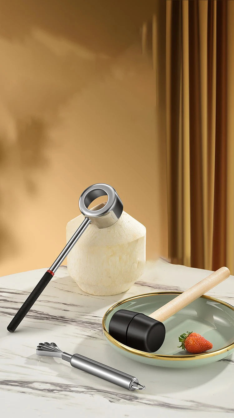 Coconut Opener Tool Set – Stainless Steel Coconut Cutter & Rubber Hammer, Safe & Easy to Use