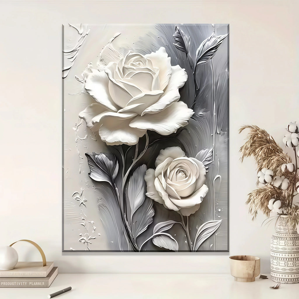 Elegant White Rose Canvas Art Vertical Floral Wall Decor