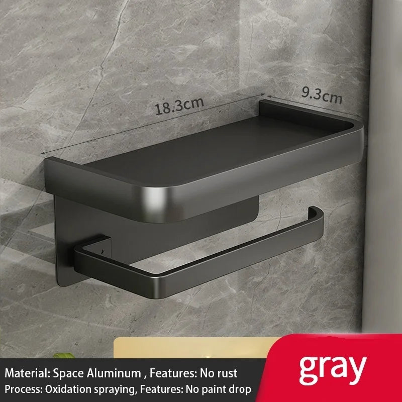 Wall-Mounted Aluminum Toilet Paper Holder with Mobile Phone Shelf Bathroom Storage Rack