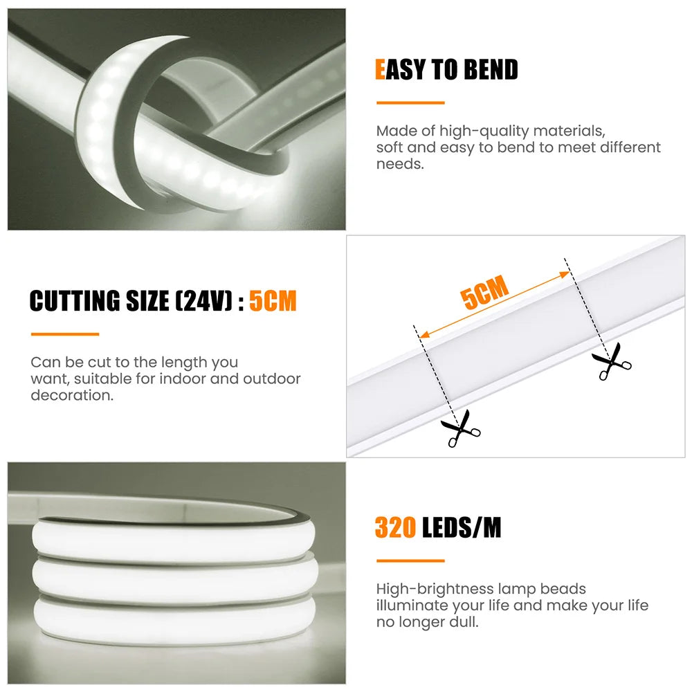 Solar COB LED Strip Light 320 LEDs/m Warm/Natural/Cold White IP67 Waterproof