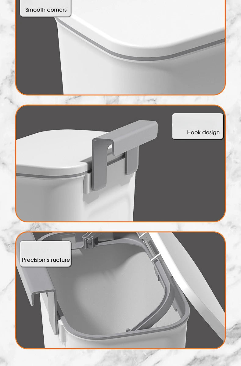 9L Wall-Mounted Trash Can with Lid, Kitchen & Bathroom Hanging Storage Bin, Smart Cabinet Garbage Holder