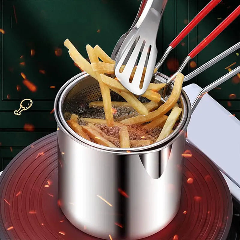 Deep Frying Pot with Strainer Basket & Tongs – Stainless Steel Tempura Frying Pot