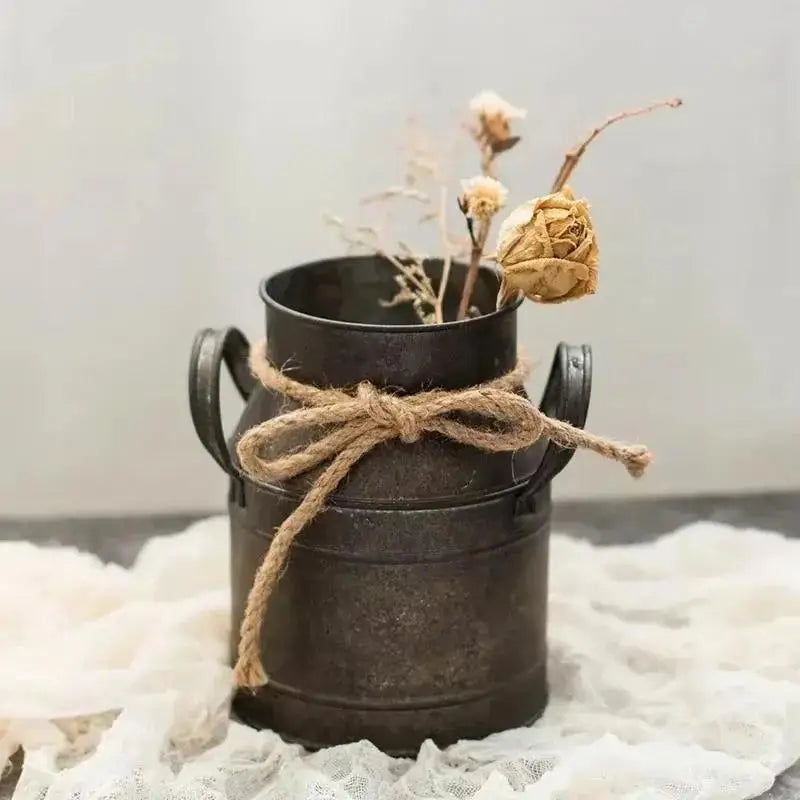 Retro Old Tin Flower Bucket Vintage Metal Vase for Home & Garden Decor