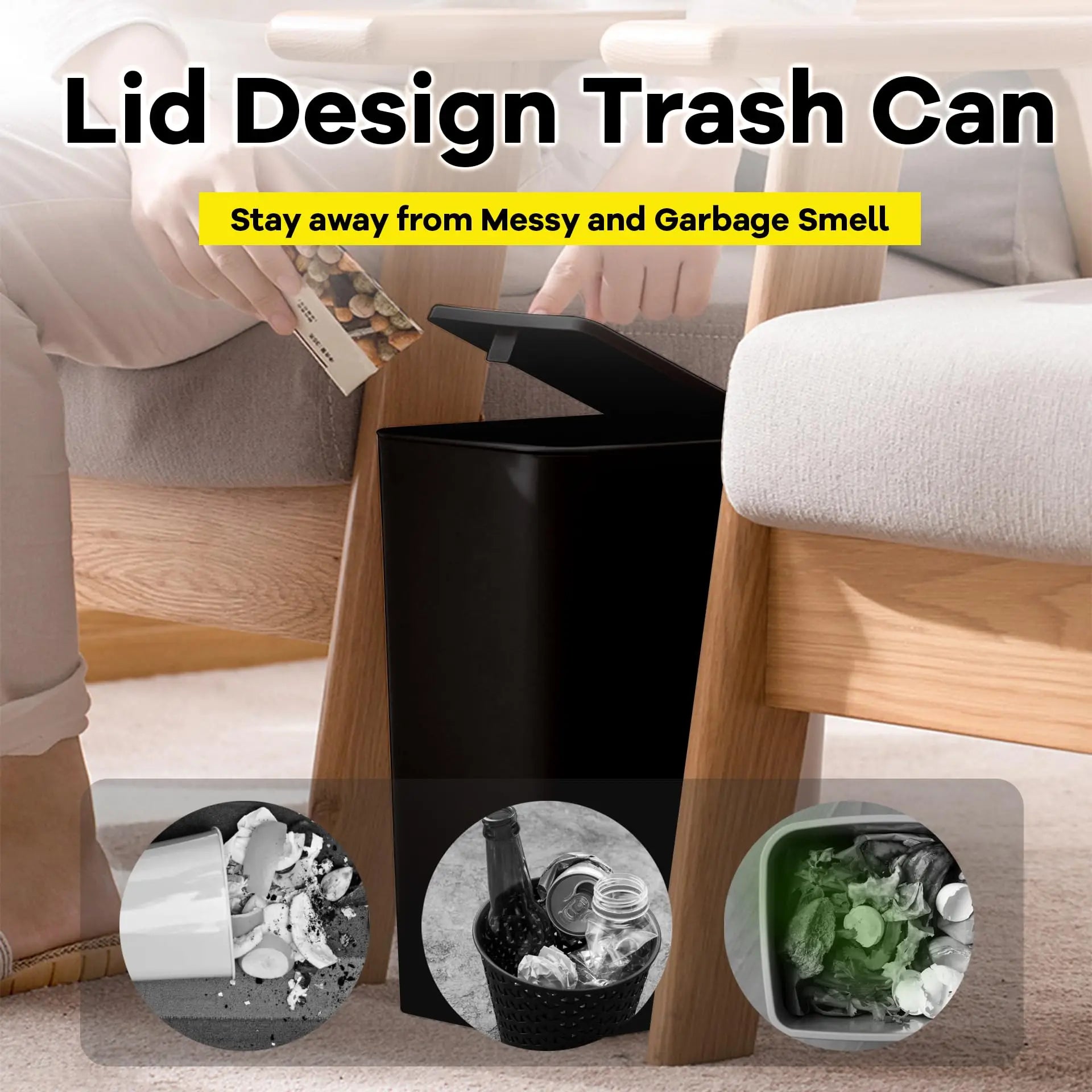 Bathroom Trash Can 10L – Small Plastic Garbage Bin with Press Lid for Toilet, Bedroom & Living Room