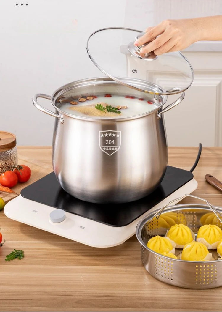 22cm Stainless Steel Stock Pot with Glass Cover – Soup & Kitchen Tool