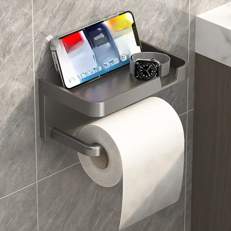 Wall-Mounted No-Drill Toilet Paper Holder with Shelf & Phone Stand, Plastic Bathroom Tissue Dispenser