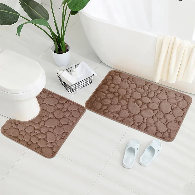 Embroidered Pebble Coral Velvet Bathroom Mat Set U-Shaped Absorbent Foot Rug Two-Piece