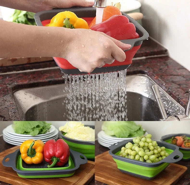 2PCS Silicone Folding Drain Basket – Square & Round Kitchen Strainer