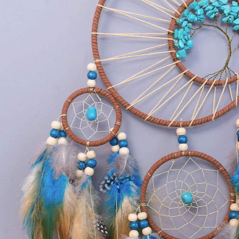 Auspicious Five Rings Dream Catcher Feather Wall Hanging Decor