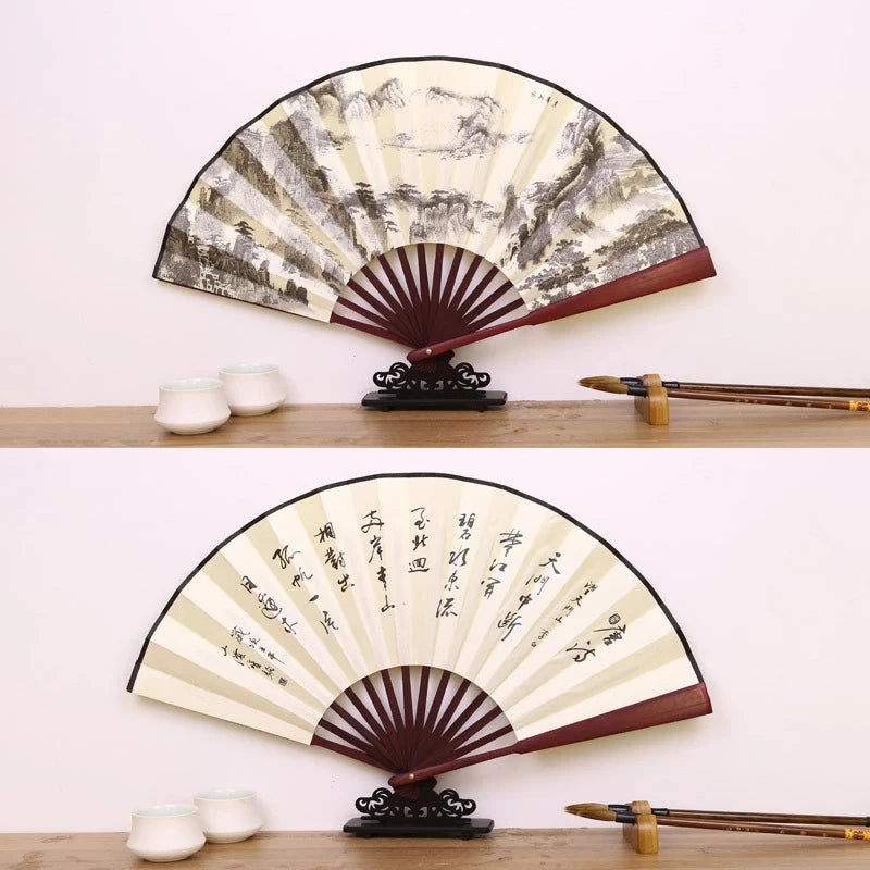 Silk & Bamboo Folding Fan Retro Decorative Handheld Fan 27x48cm