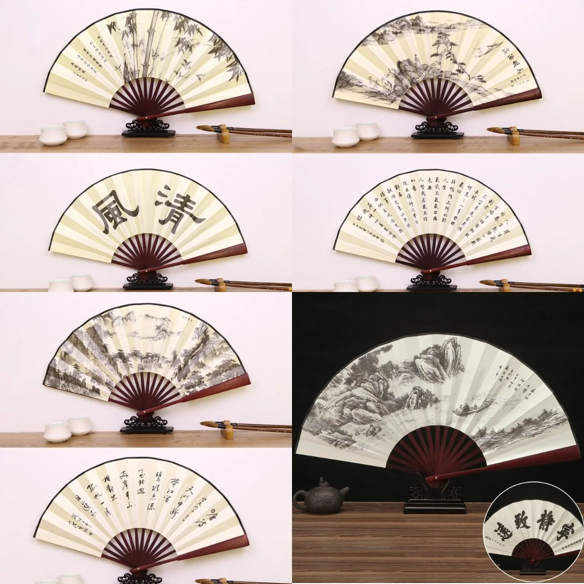 Silk & Bamboo Folding Fan Retro Decorative Handheld Fan 27x48cm