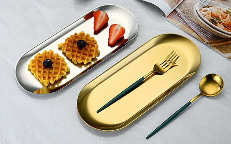 Oval Stainless Steel Dining & Dessert Plate – Gold & Silver Snack Tray