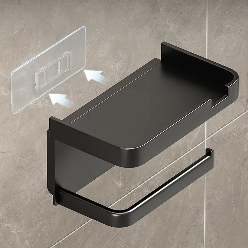 Wall-Mounted No-Drill Toilet Paper Holder with Shelf & Phone Stand, Plastic Bathroom Tissue Dispenser