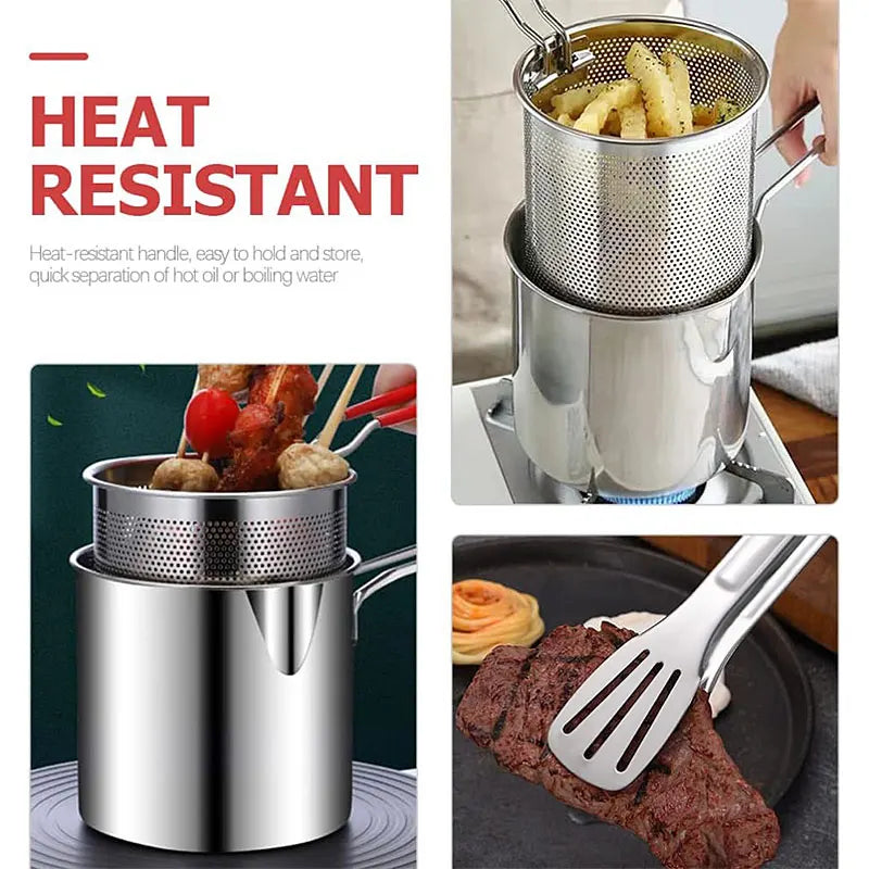 Deep Frying Pot with Strainer Basket & Tongs – Stainless Steel Tempura Frying Pot