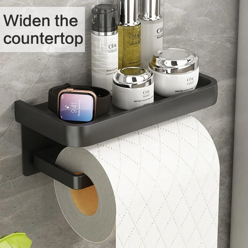 Wall-Mounted Aluminum Toilet Paper Holder with Mobile Phone Shelf Bathroom Storage Rack