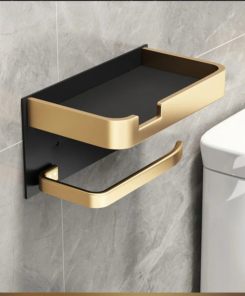 Black Gold Wall-Mounted Toilet Paper Holder with Phone & Towel Shelf Bathroom Rack