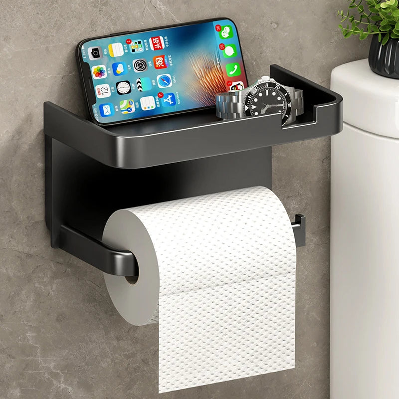 Wall-Mounted No-Drill Toilet Paper Holder with Shelf & Phone Stand, Plastic Bathroom Tissue Dispenser