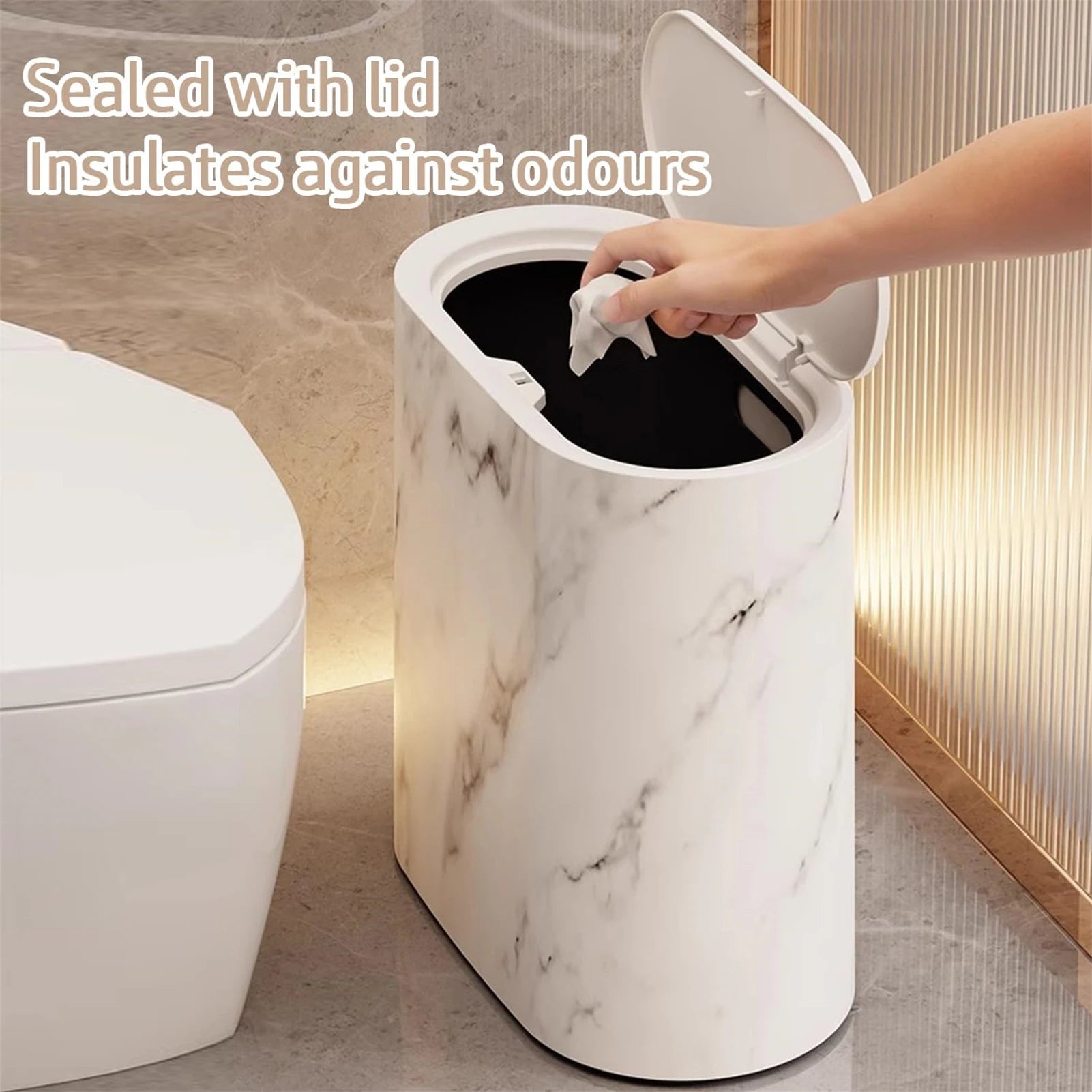 Bathroom Trashcan with Lid, Marble Wood Pattern Plastic Waste Bin for Home, Office, School