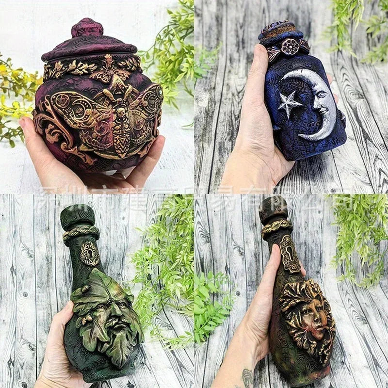 Vintage Witch Bottle Celestial Moon Resin Decor Vase Art